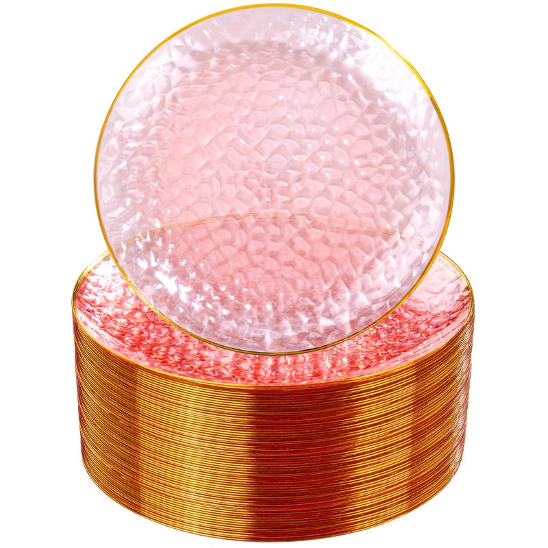 Rubtlamp 100 Pcs Pink Gold Dessert Plates hammered party plates Pink Disposable Plates With Gold Rim 7 Inch Dessert Platos Disposable Plastic Appetizer Plates Perfect for Mothers Day